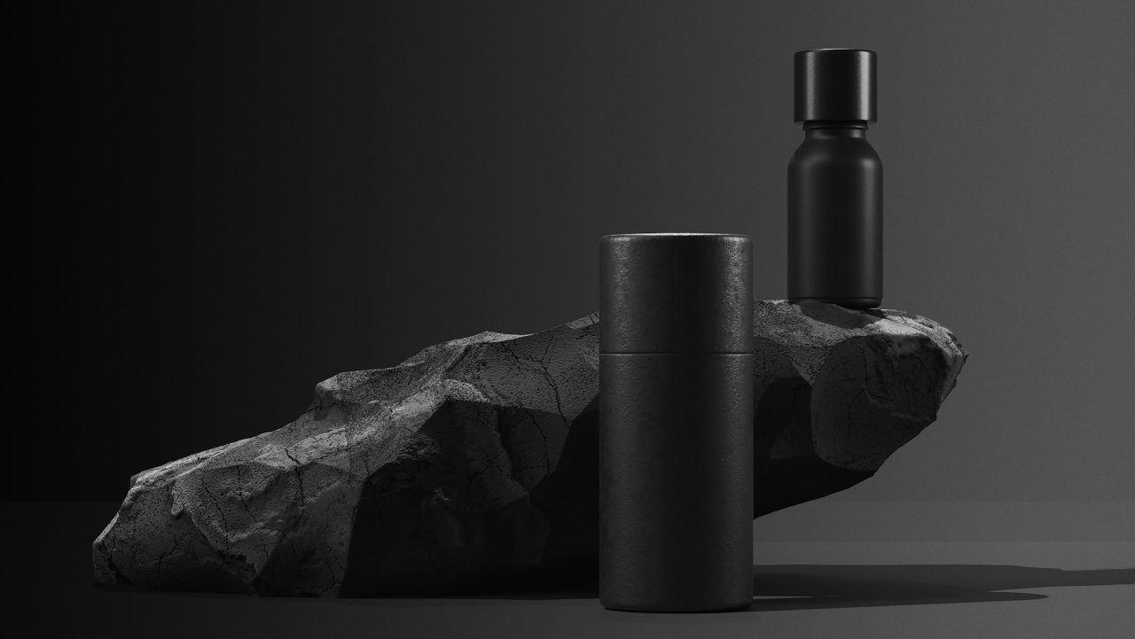 bottle of essential massage oil on stone - beauty treatment. Minimal Black design packaging mock up